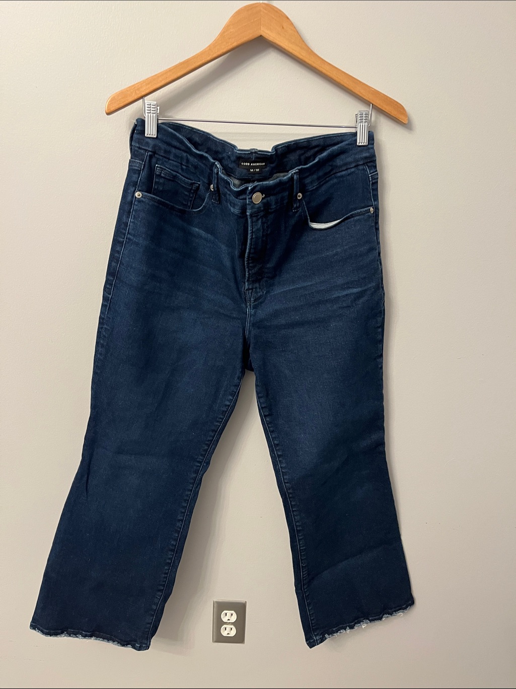 Good American Dark Blue High-Rise Cropped Flare Jeans